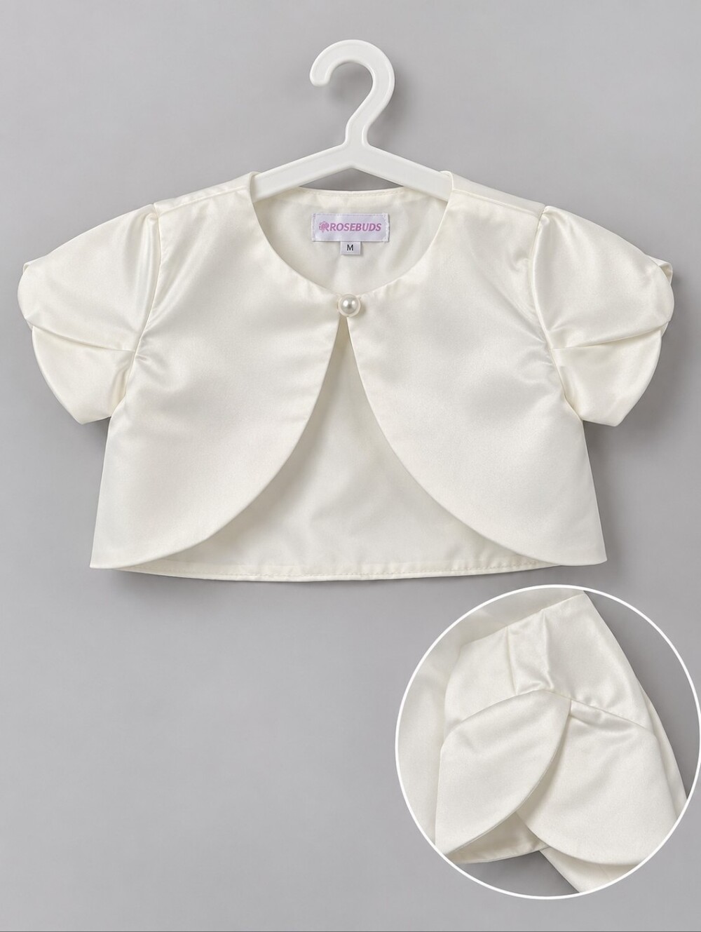 NWT Rosebuds Ivory Satin Petal Sleeve Bolero Shrug Bridal Flower Girl Jacket M L